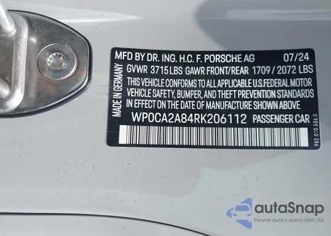 2024 Porsche 718 Boxster Style Edition z USA, uszkodzony, nr VIN WP0CA2A84RK206112